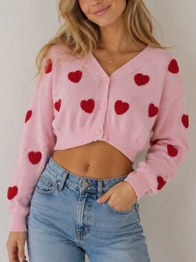 Jessica Simpson Pink Cropped Cardigan with Red Heart Appliqués